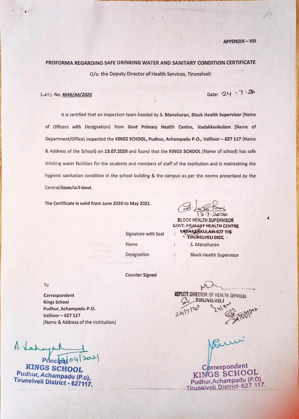 SANITATION CERTIFICATES KINGS SCHOOL MATRIC & CBSE