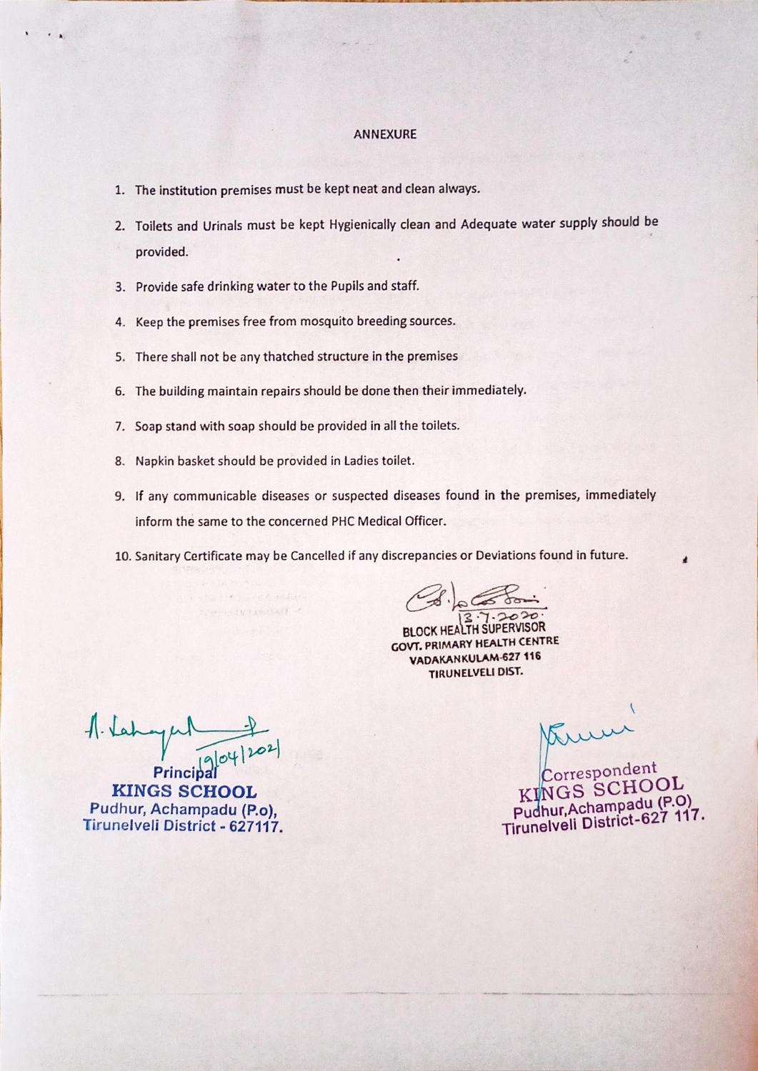 SANITATION CERTIFICATES KINGS SCHOOL MATRIC & CBSE