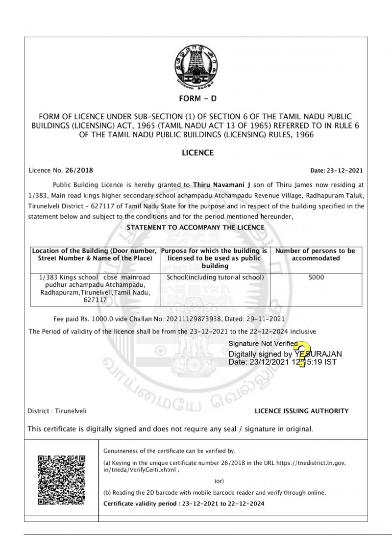 BUILDING CERTIFICATE KINGS SCHOOL MATRIC & CBSE